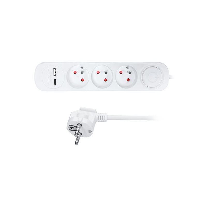 Solight prodlužovací přívod 3 zásuvky, s USB A+C nabíječka 12W, 2m, 3 x 1mm2, bílý, vypínač - PP111USBC - 1