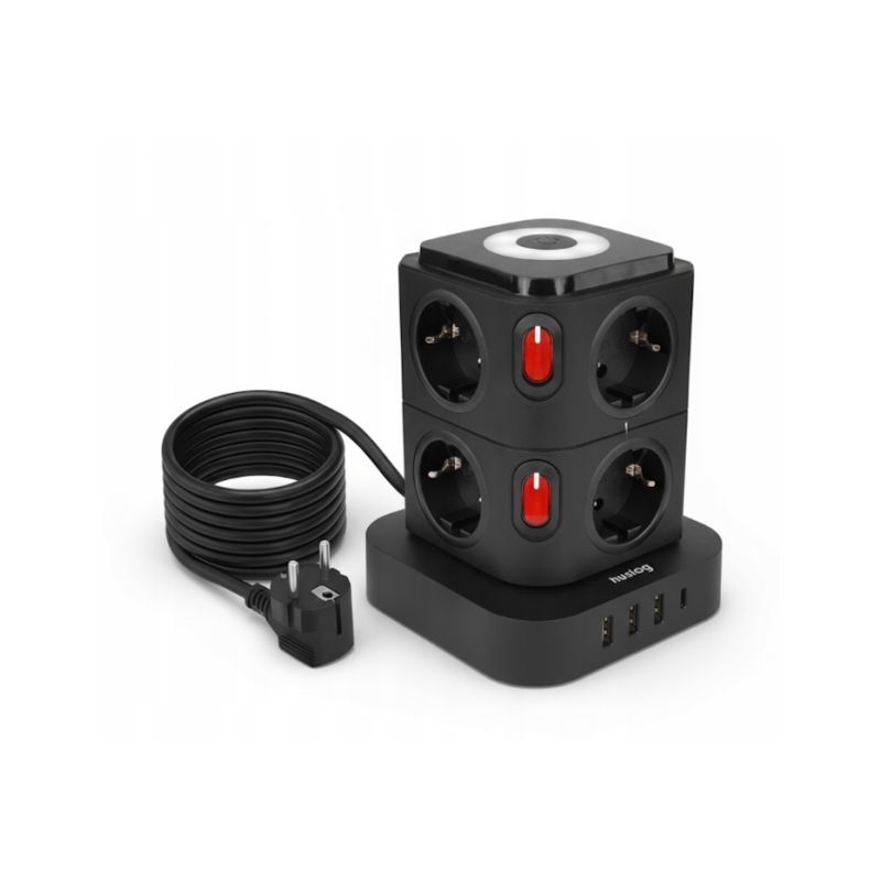 Huslog HUS1054 nabíjecí stanice 15W 8x zásuvka,1x USB-C,3x USB,1x LED světlo černá - 1