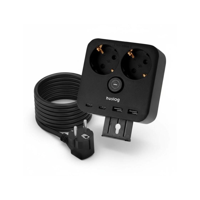 Huslog HUS1055 nabíjecí stanice 15W 2x zásuvka,2x USB-C,2x USB,1x držák na telefon černá - 1