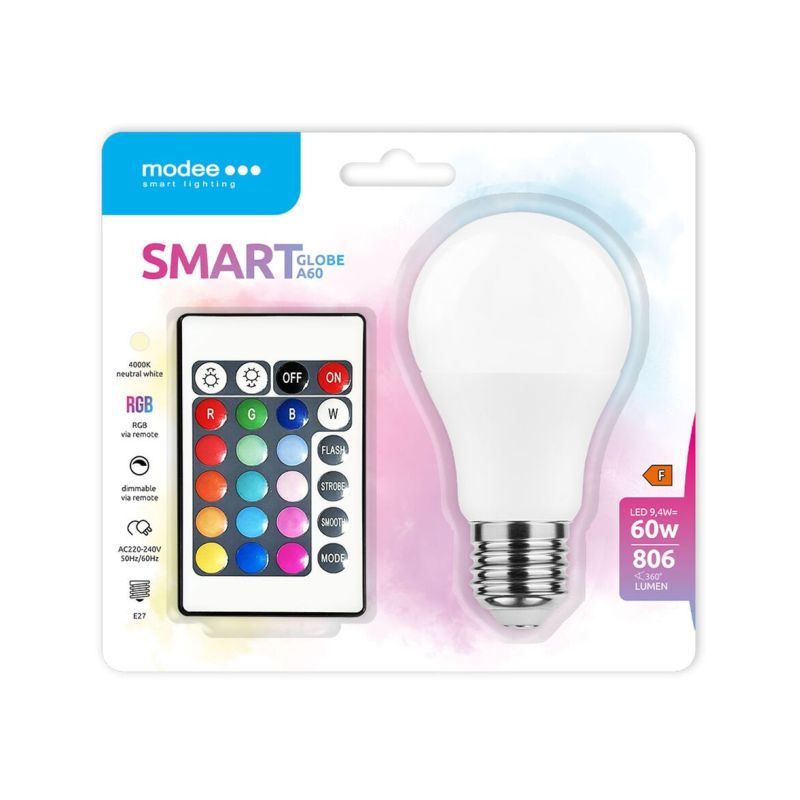 Modee E27 A60 RGB+4000K 9,4W/60W 806lm + dálkové ovládání (MSL-G9,4WE27RGB-R) - LED žárovka - 1