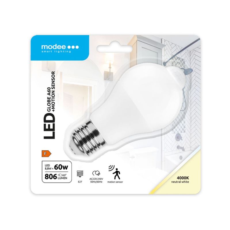 Modee E27 A60+čidlo 4000K 8,8W/60W 806lm (MSL-G4000K8,8WE27-PIR) - LED žárovka - 1