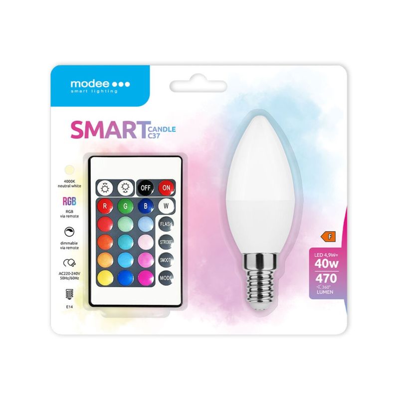 Modee E27 E14 svíčka RGB+4000K 4,9W/40W 470lm + dálkové ovládání (MSL-C4,9WE14RGB-R) - LED žárovka - 1