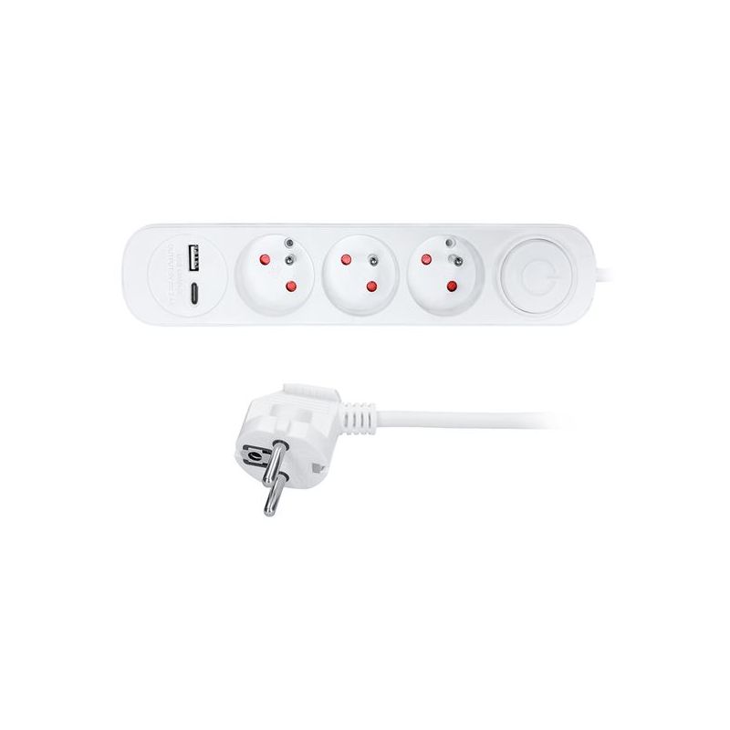 Solight 3z prodlužovací přívod s USB A+C nabíječkou 2.4A, 2m, 3 x 1mm2, bílý, vypínač - PP111USBC - 1